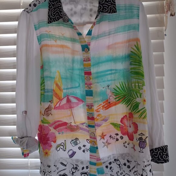 John Mark White/Colorful BEACH DOGS Button-Front Tunic Blouse Size M - Picture 6 of 8
